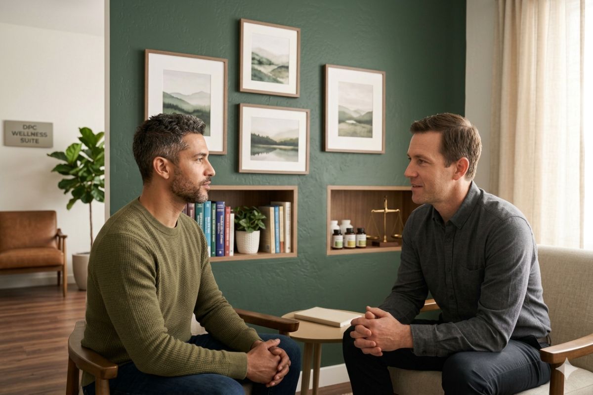 A primary care doctor giving full attention to a member during an unhurried appointment in a calm modern clinic.