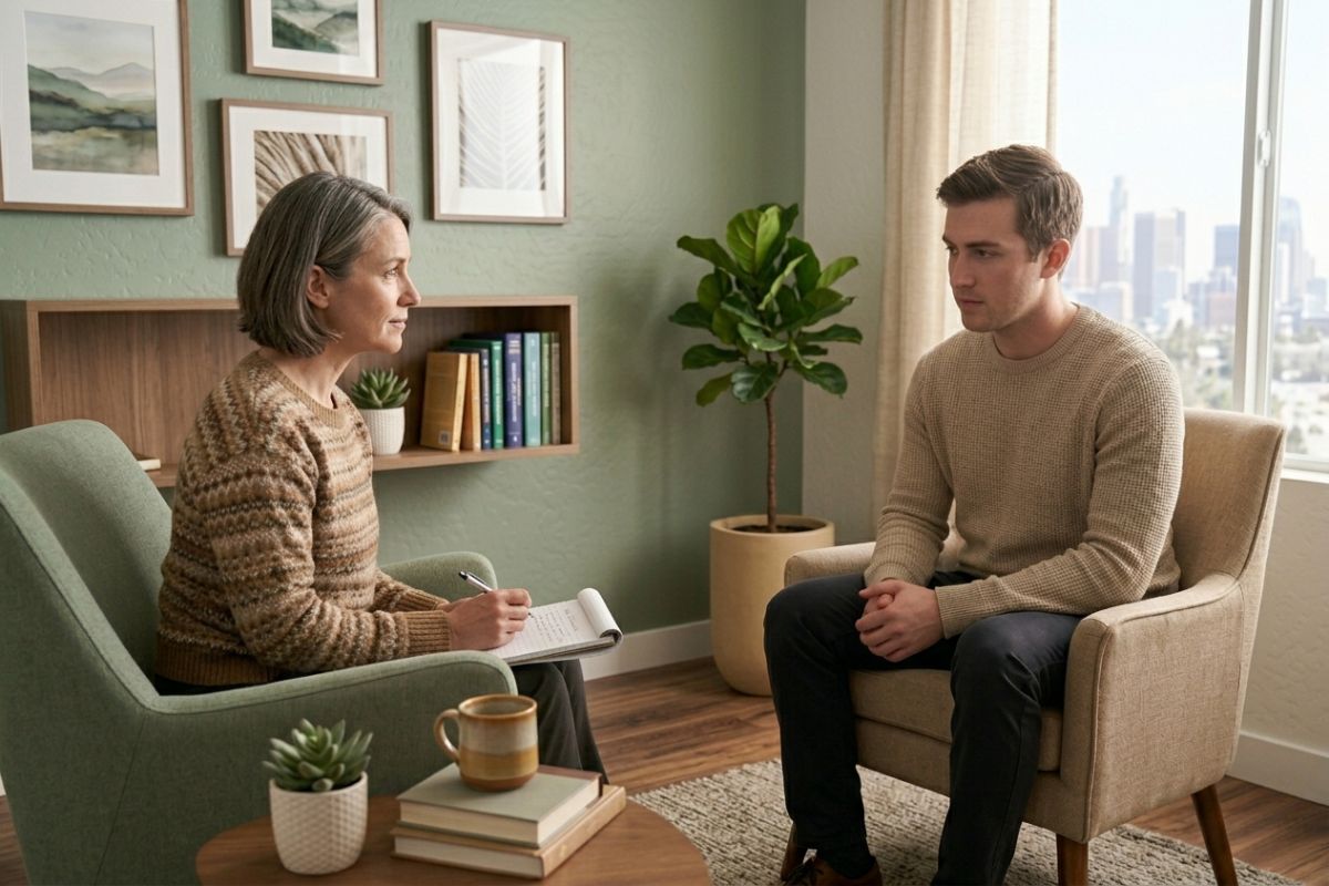 A licensed Mental Health counselor and member in a calm warmly furnished therapy office, quiet and professional.