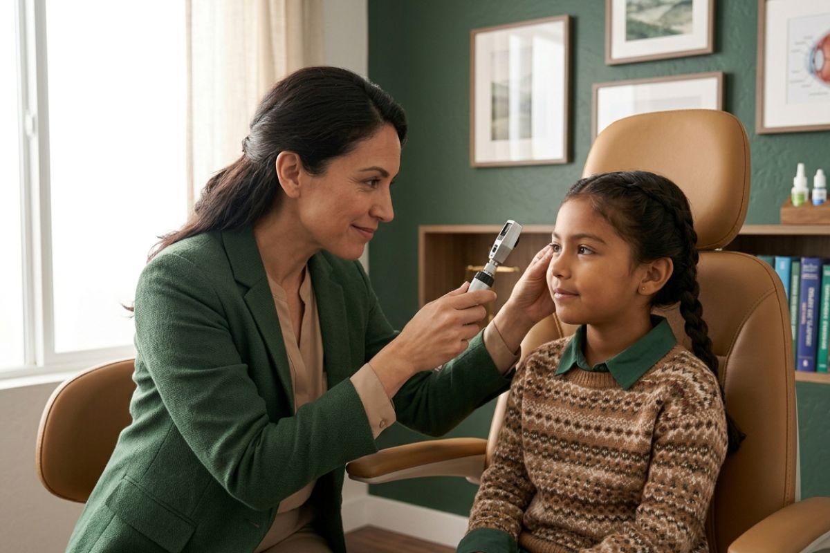 An optometrist conducting a calm and modern eye exam with a member in a well lit clinic, warm and professional.
