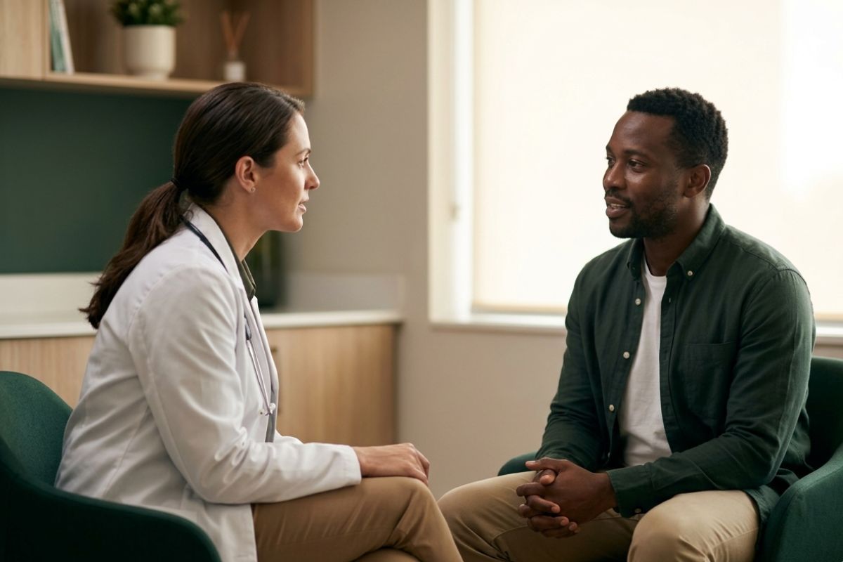 A primary care doctor in a calm modern clinic room giving full attention to a member during an appointment, warm and unhurried.